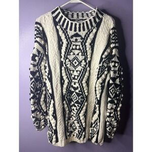 Vtg Coogi Style Sweater Chunky Knit Black White‎ Geometric Oversized Aztec M L